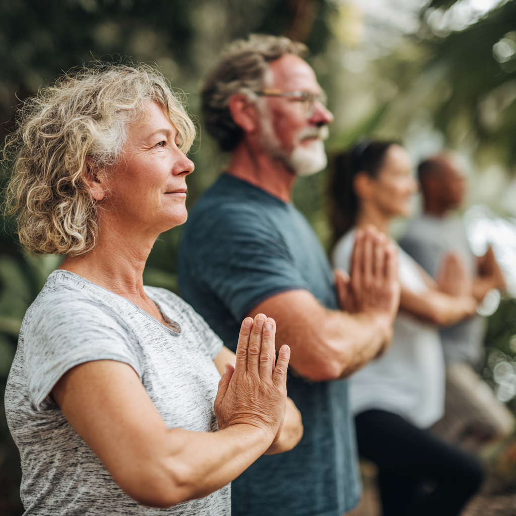 Middle-aged adults practicing gentle movement exercises in natural outdoor setting