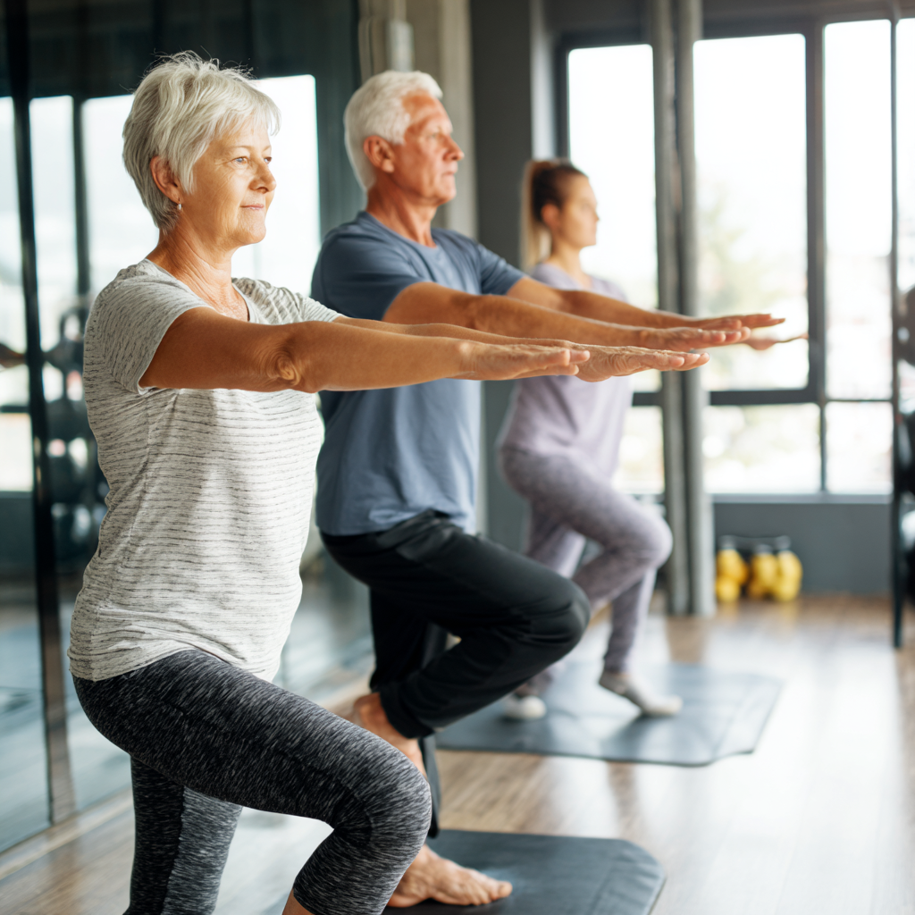 Older adults demonstrating body stability exercises with proper posture and balance